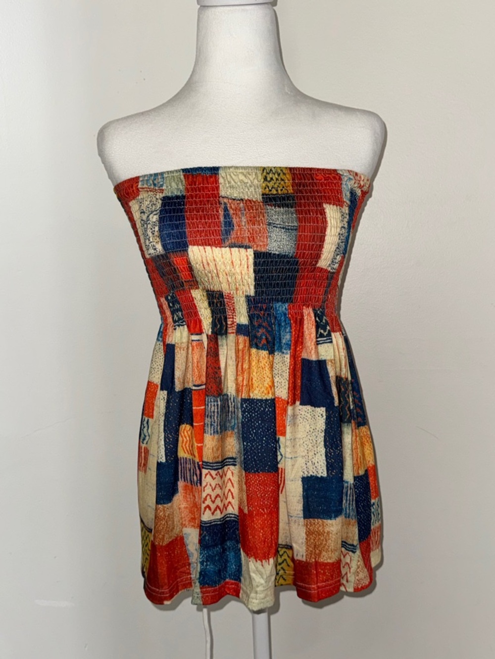 Patchwork Strapless Smocked Mini top in Navy, Red & Cream
